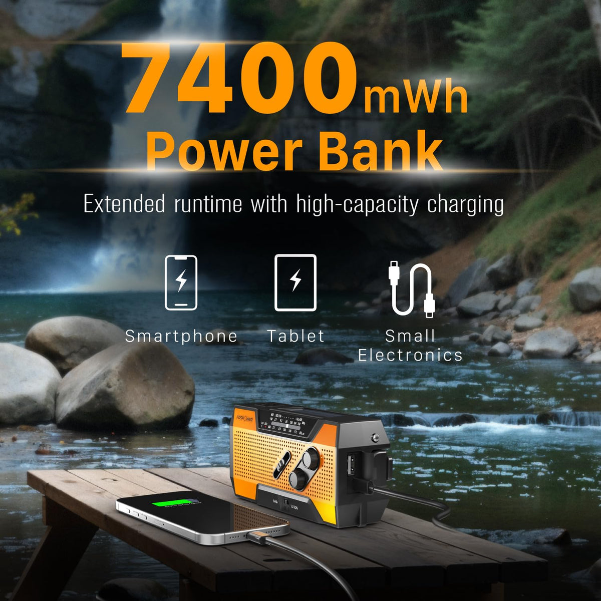 FosPower USB port and power bank output powering a smartphone in an outage