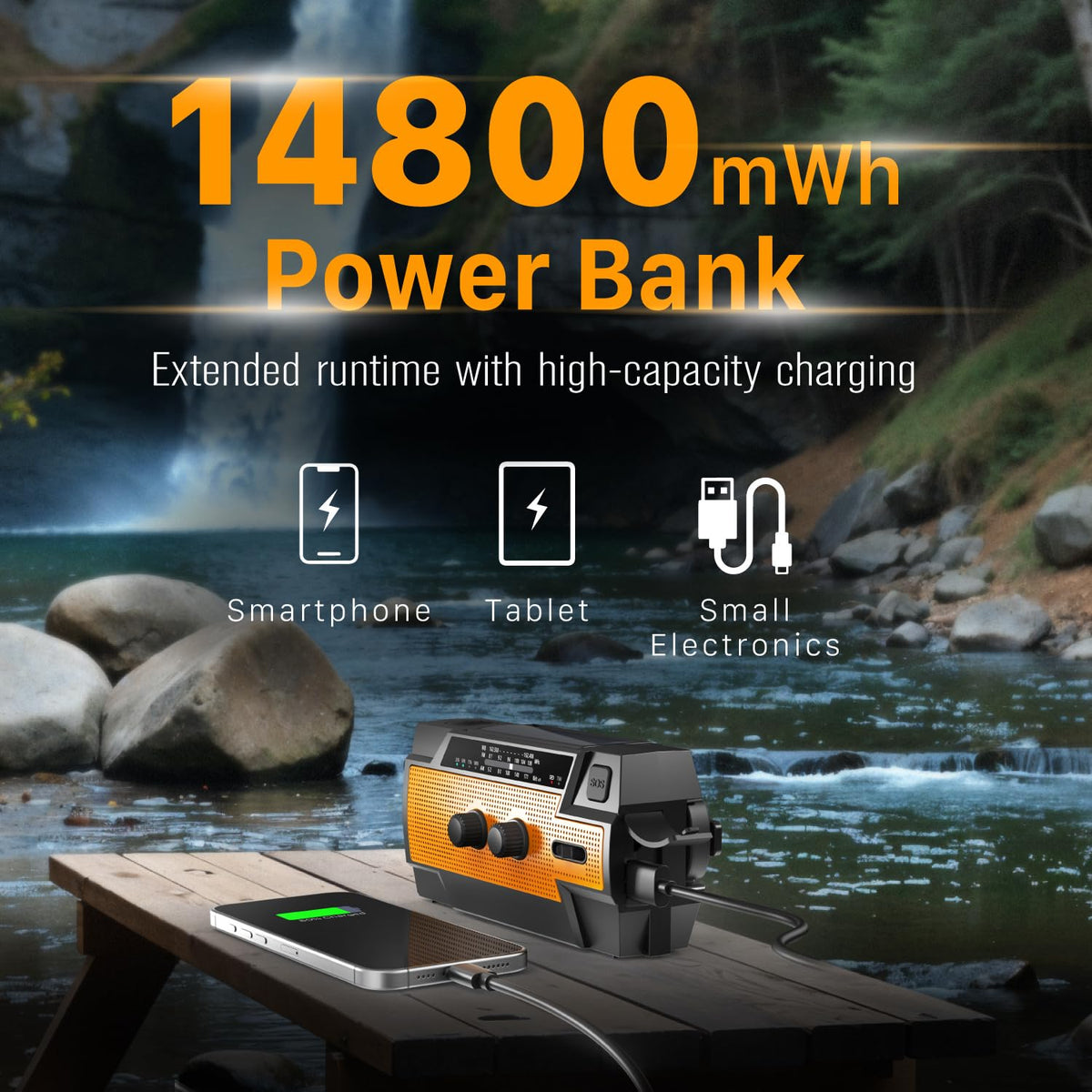 FosPower A3 hand crank in use demonstrating manual emergency charging