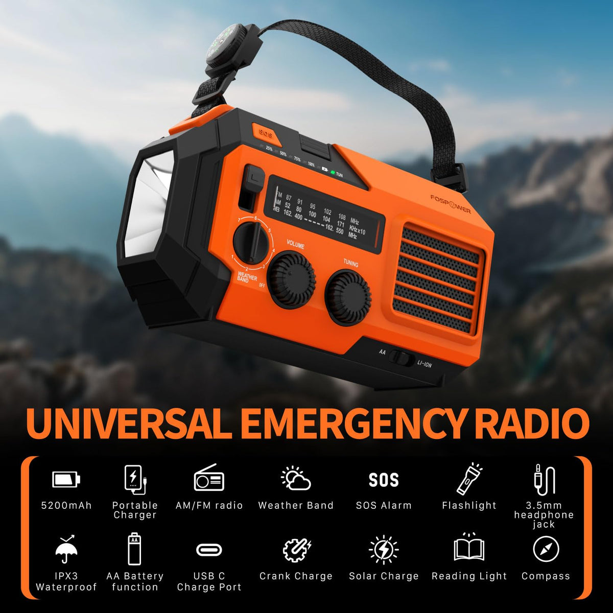 FosPower radio dial tuned to NOAA showing weather alert access and clarity