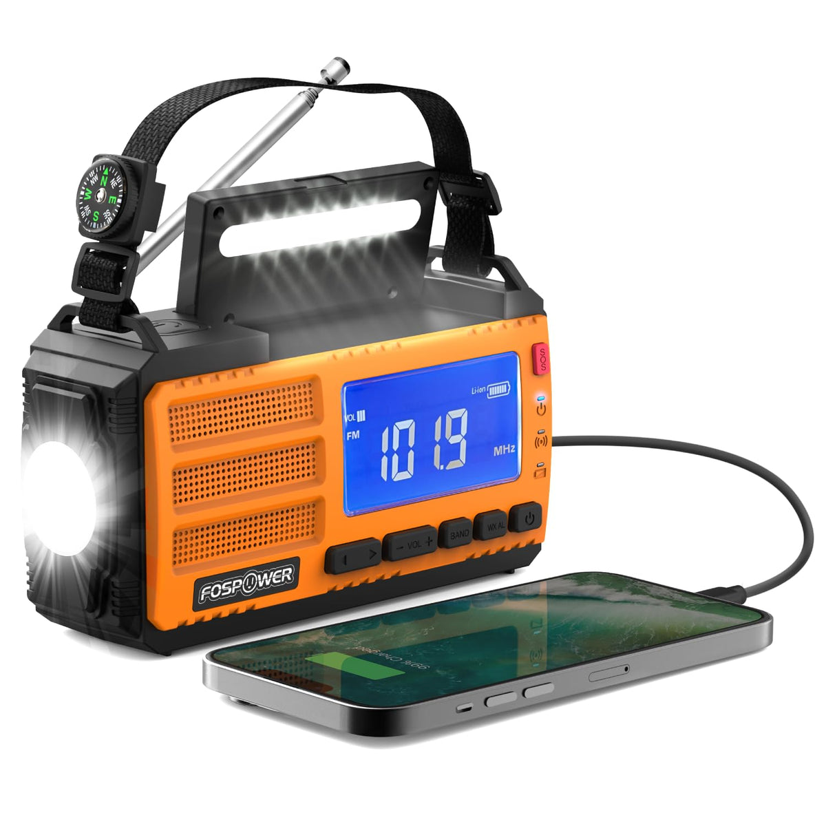 FosPower D8 front view showing radio and battery for reliable emergency power