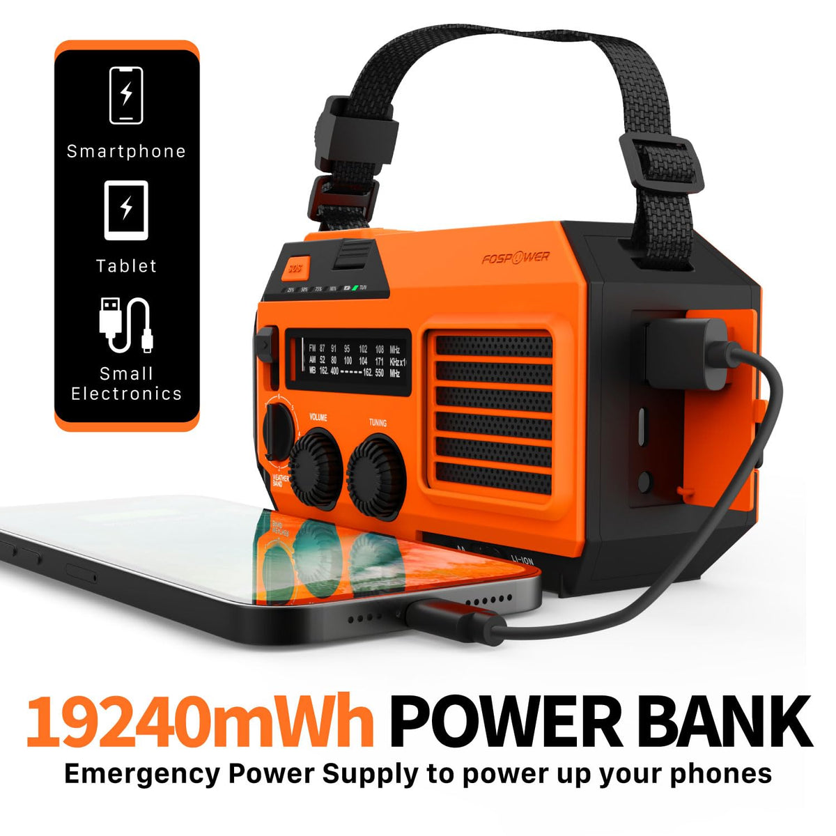FosPower hand crank folded and extended illustrating manual power generation benefit