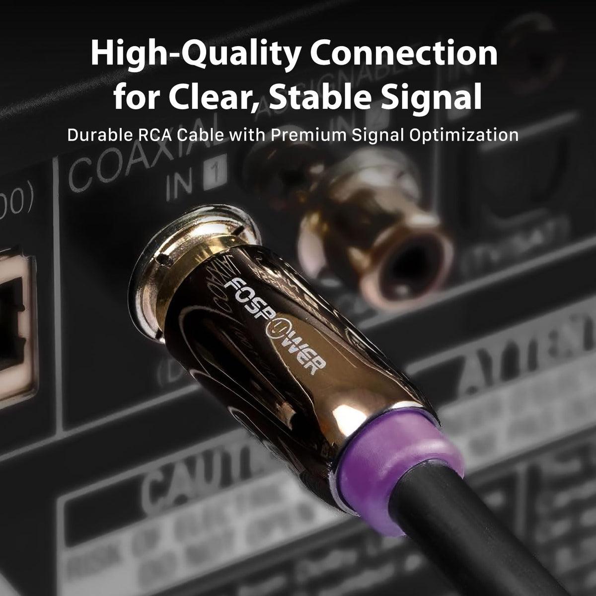FosPower cable in a home theater linking receiver to subwoofer for clean bass