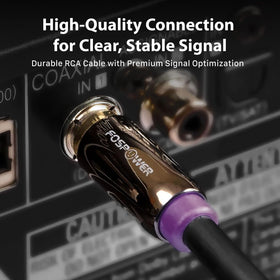 FosPower cable in a home theater linking receiver to subwoofer for clean bass