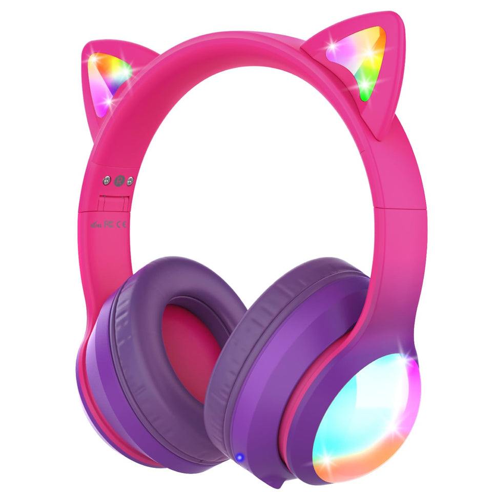 FosPower Kids headphones with LED cat ears for safe listening during travel