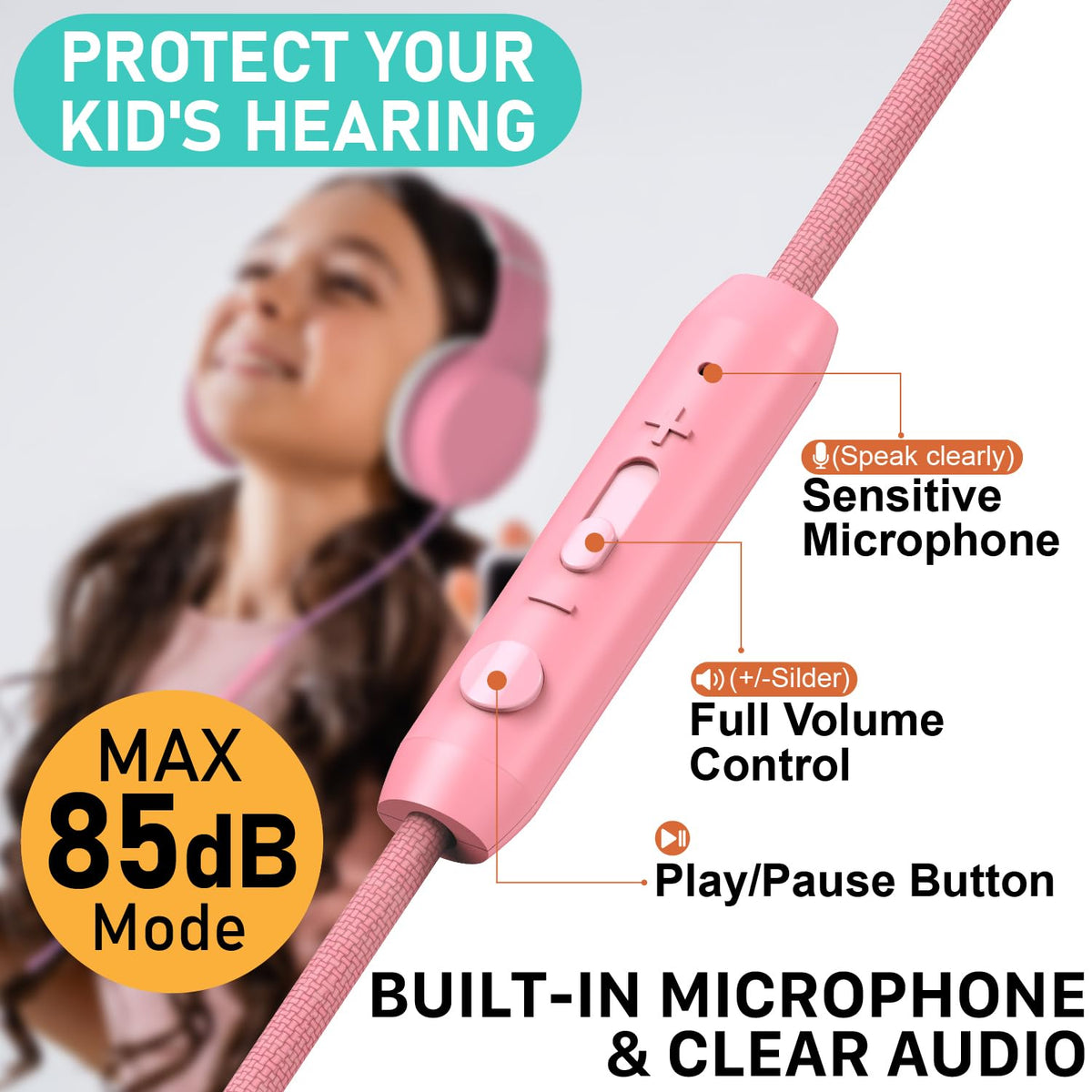 FosPower Kids Headphones with 85dB volume limit for safe listening.