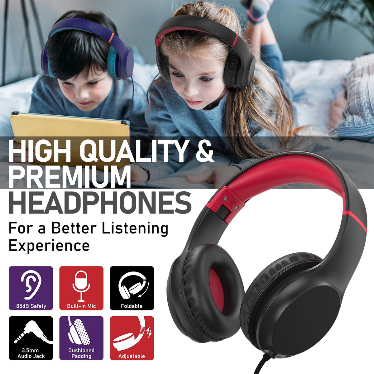 FosPower Kids Headphones adjustable-headband ensures comfortable fit for growing children.