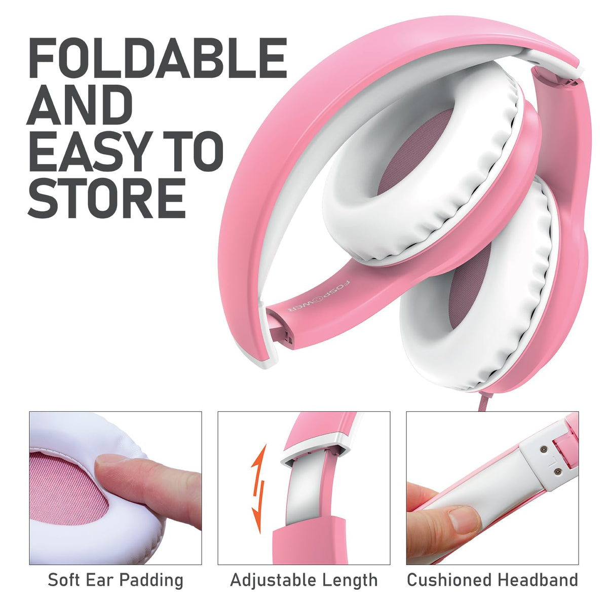 FosPower Kids Headphones adjustable headband for growing heads comfort.