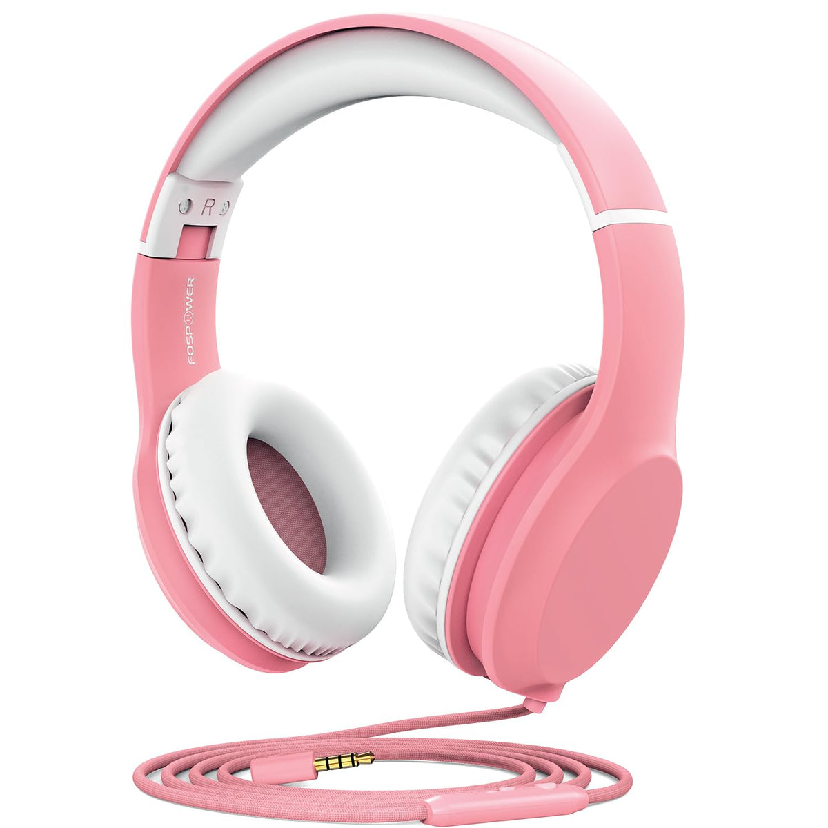 FosPower Kids Headphones foldable design in pink and white for easy travel.