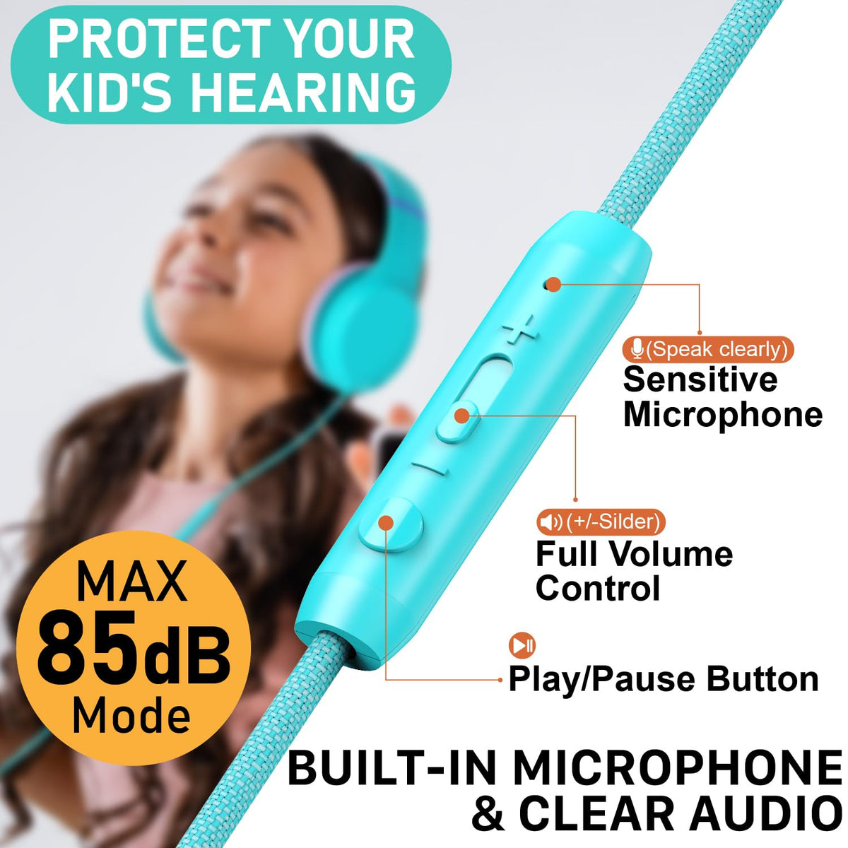FosPower Kids Headphones inline mic and controls for easy volume and calls