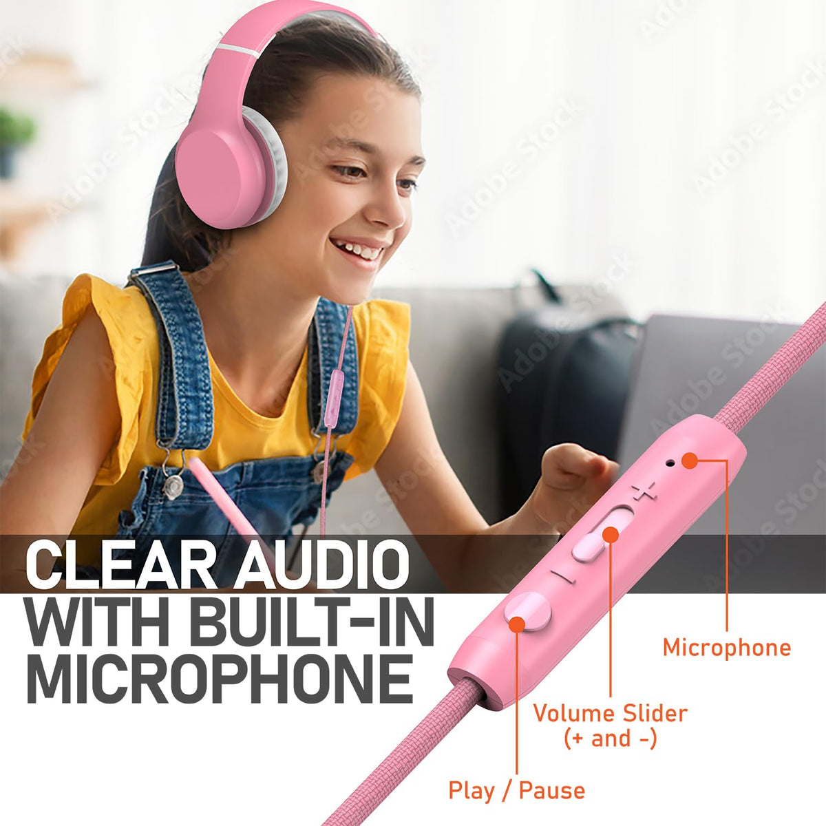FosPower Kids Headphones with a laced cable to reduce tangles and wear.