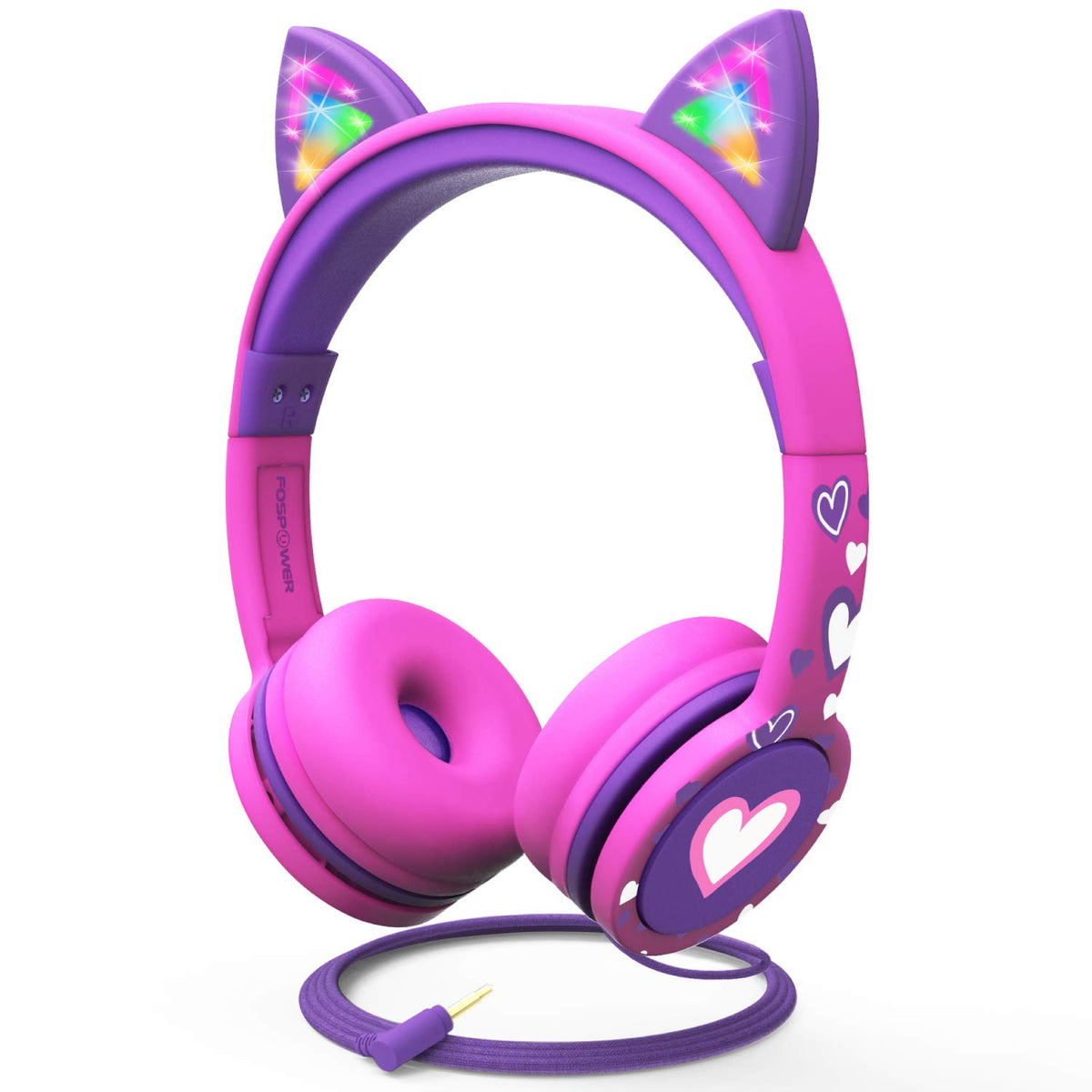 FosPower Kids Headphones with LED cat ears, front view, vibrant lighting for playtime