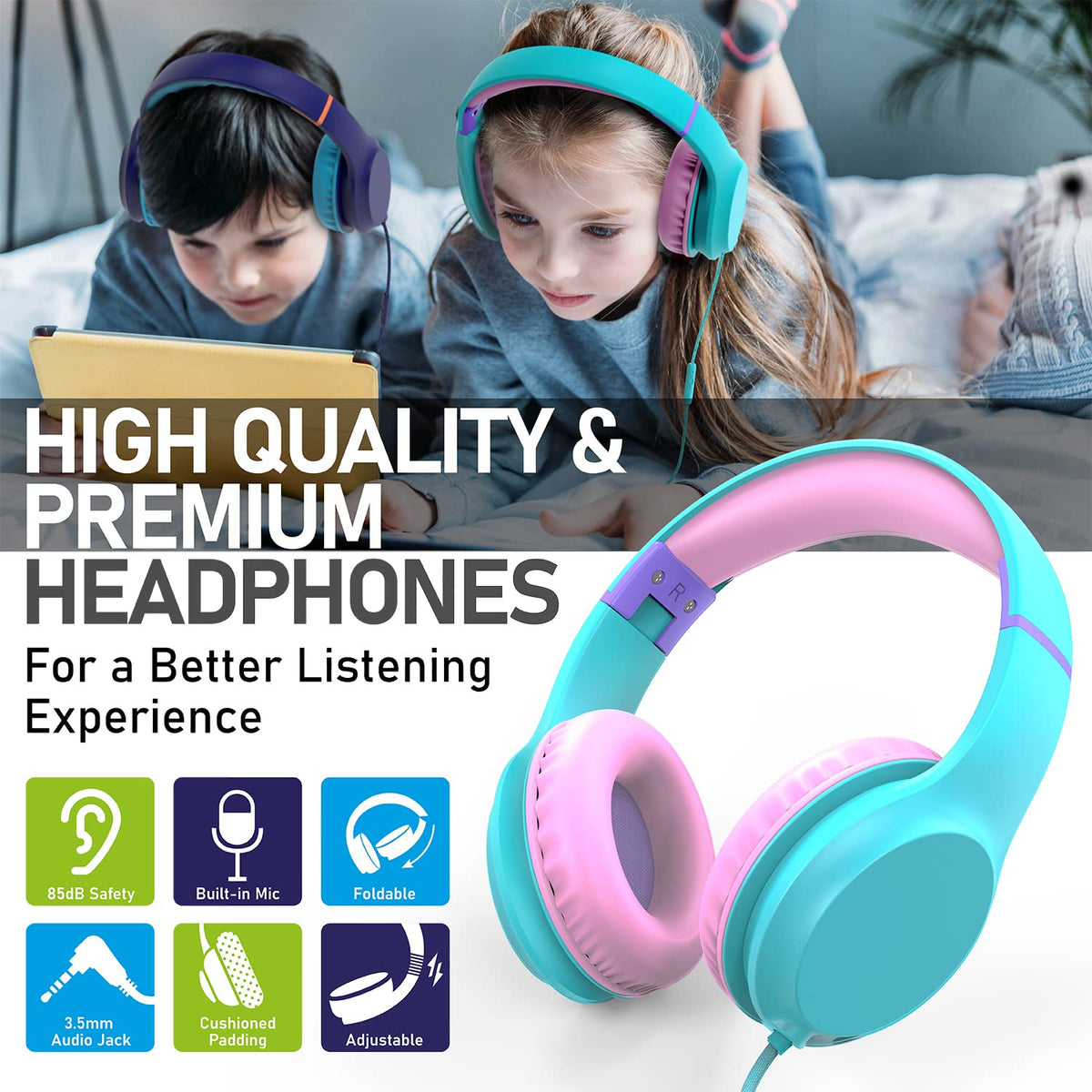 FosPower Kids Headphones with soft ear pads for comfortable long listening sessions
