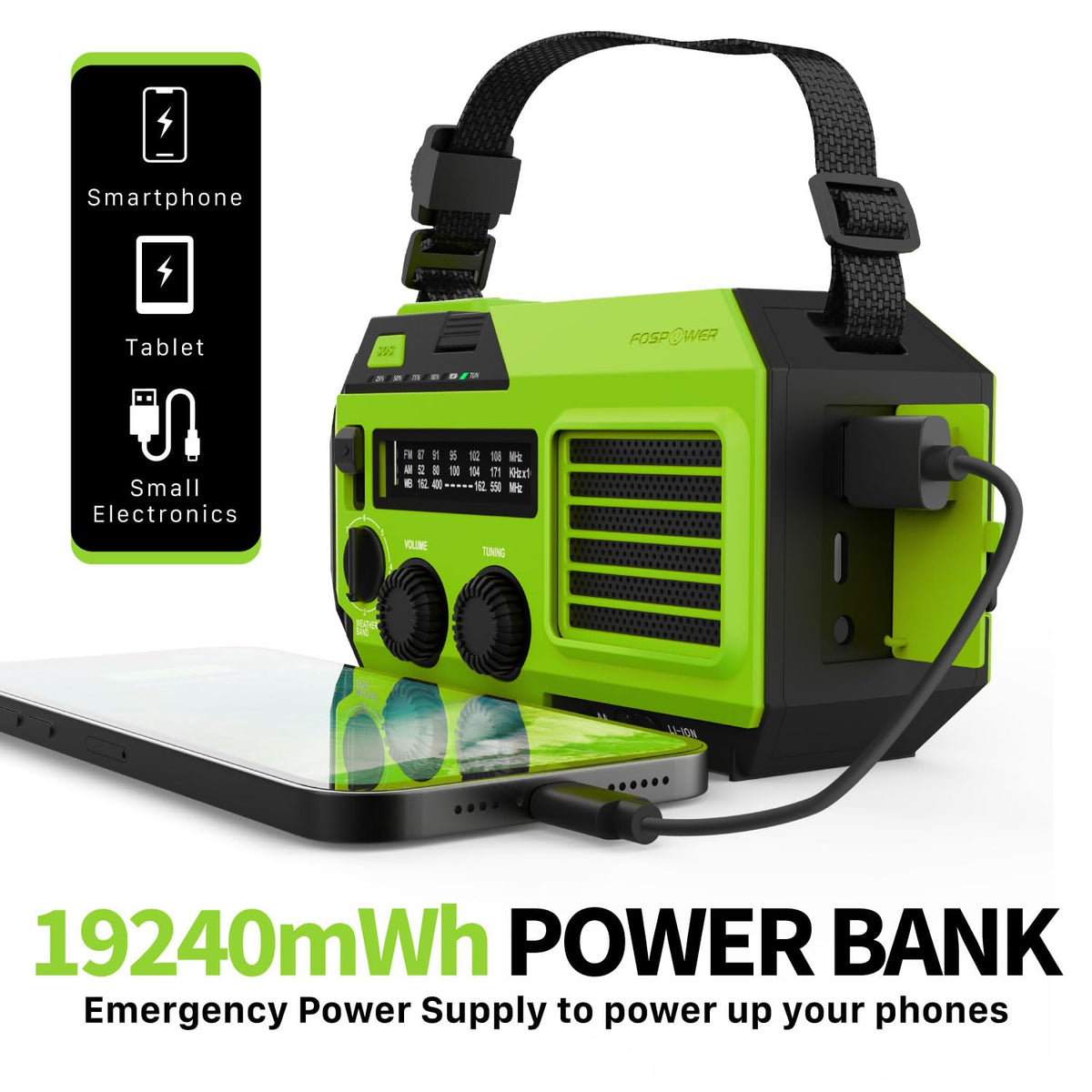 FosPower hand crank detail for manual charging benefit