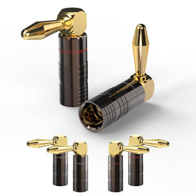 FosPower right-angle banana plugs closeup with closed screw design and gold plating