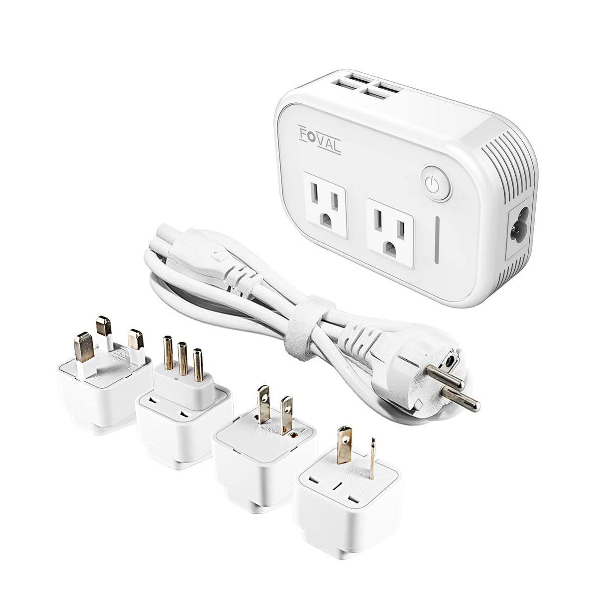 FOVAL converter front view showing outlets and USB ports for convenient charging