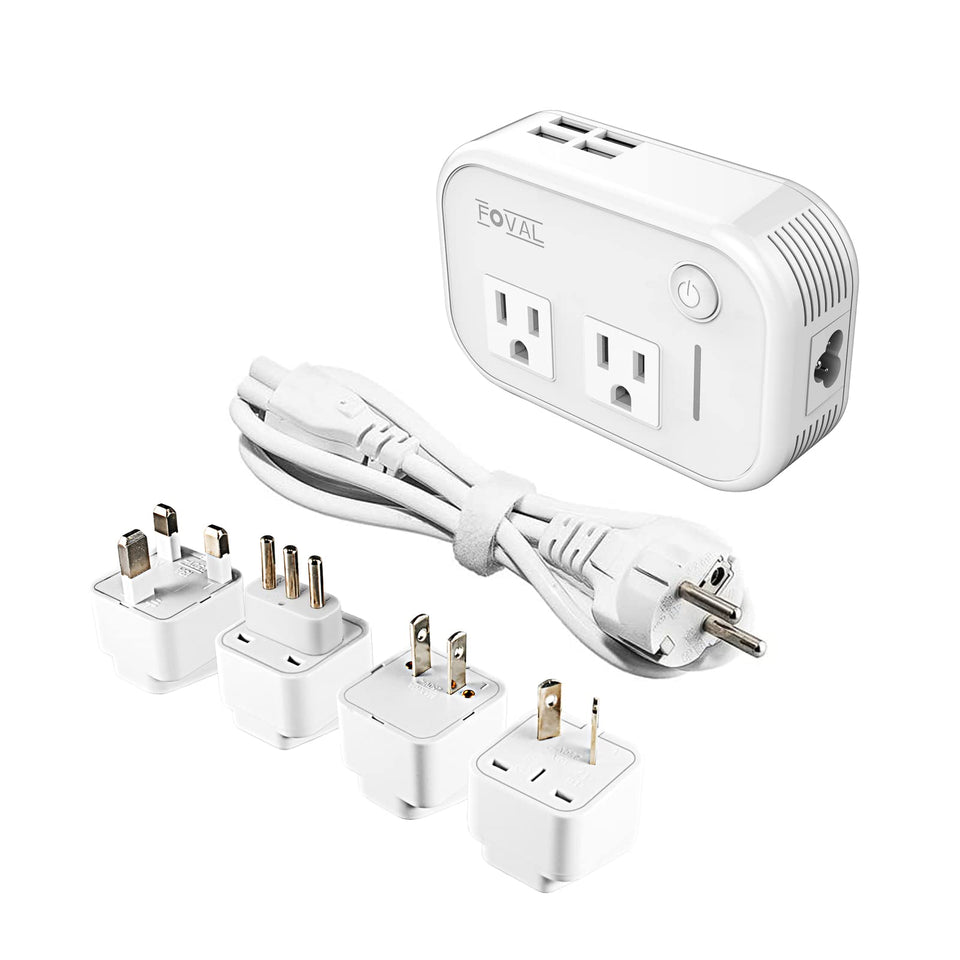 FOVAL converter front view showing outlets and USB ports for convenient charging