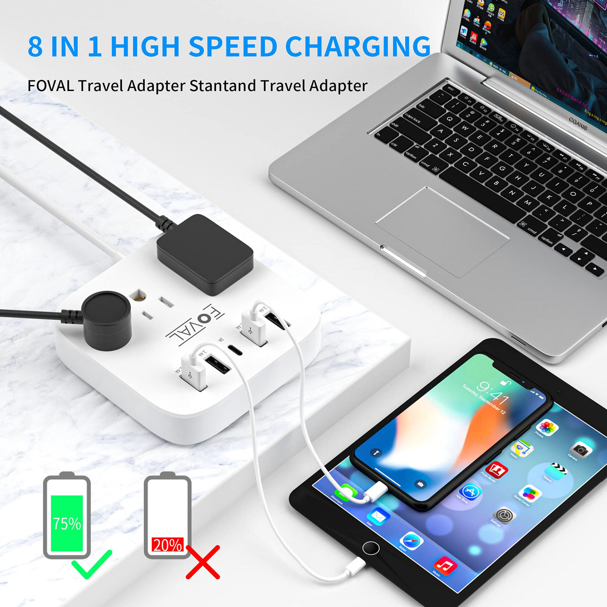 FOVAL EU/UK/US plug compatibility with multi-outlet charging.