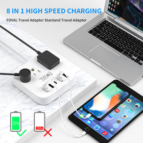 FOVAL EU/UK/US plug compatibility with multi-outlet charging.