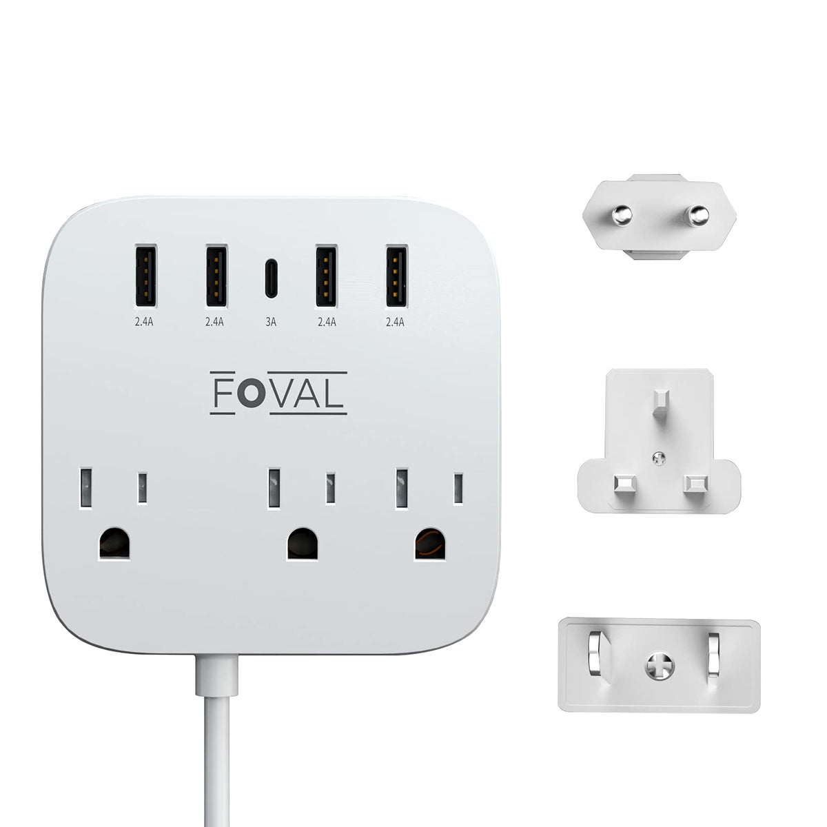FOVAL European travel adapter in compact 8-in-1 form for worldwide charging.