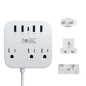 FOVAL European travel adapter in compact 8-in-1 form for worldwide charging.