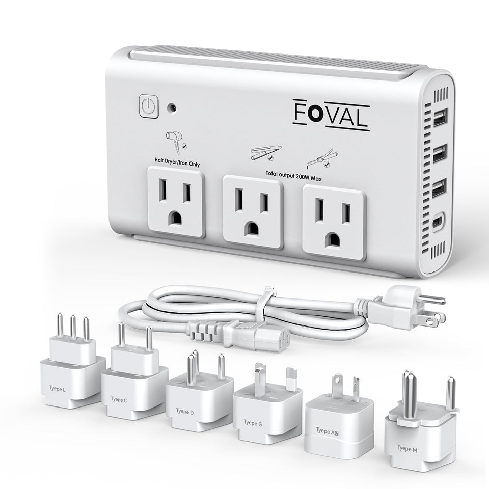 FOVAL front panel showing AC sockets and USB ports for versatile charging