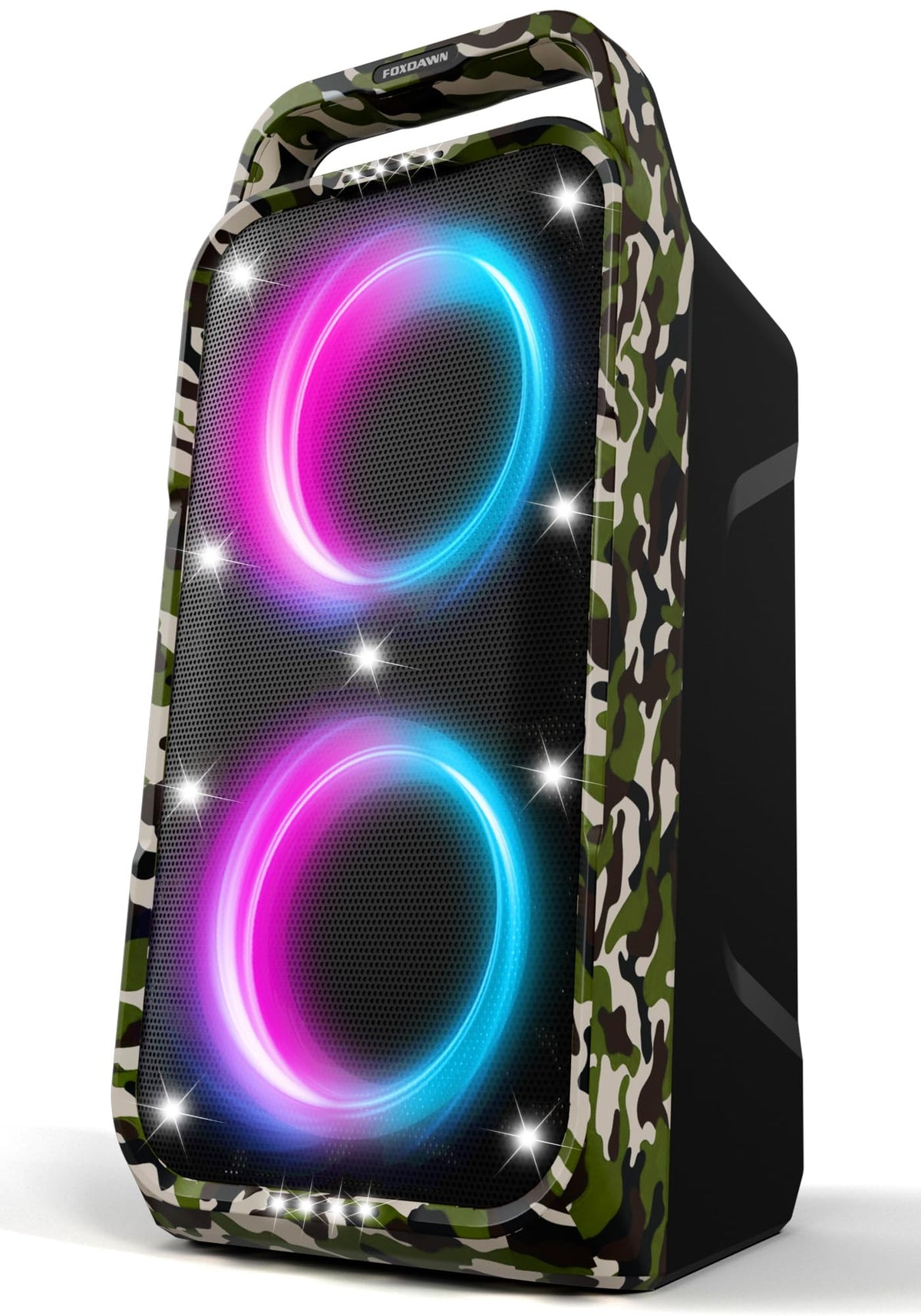Foxdawn portable Bluetooth speaker front view showing rugged build for outdoor use and powerful sound