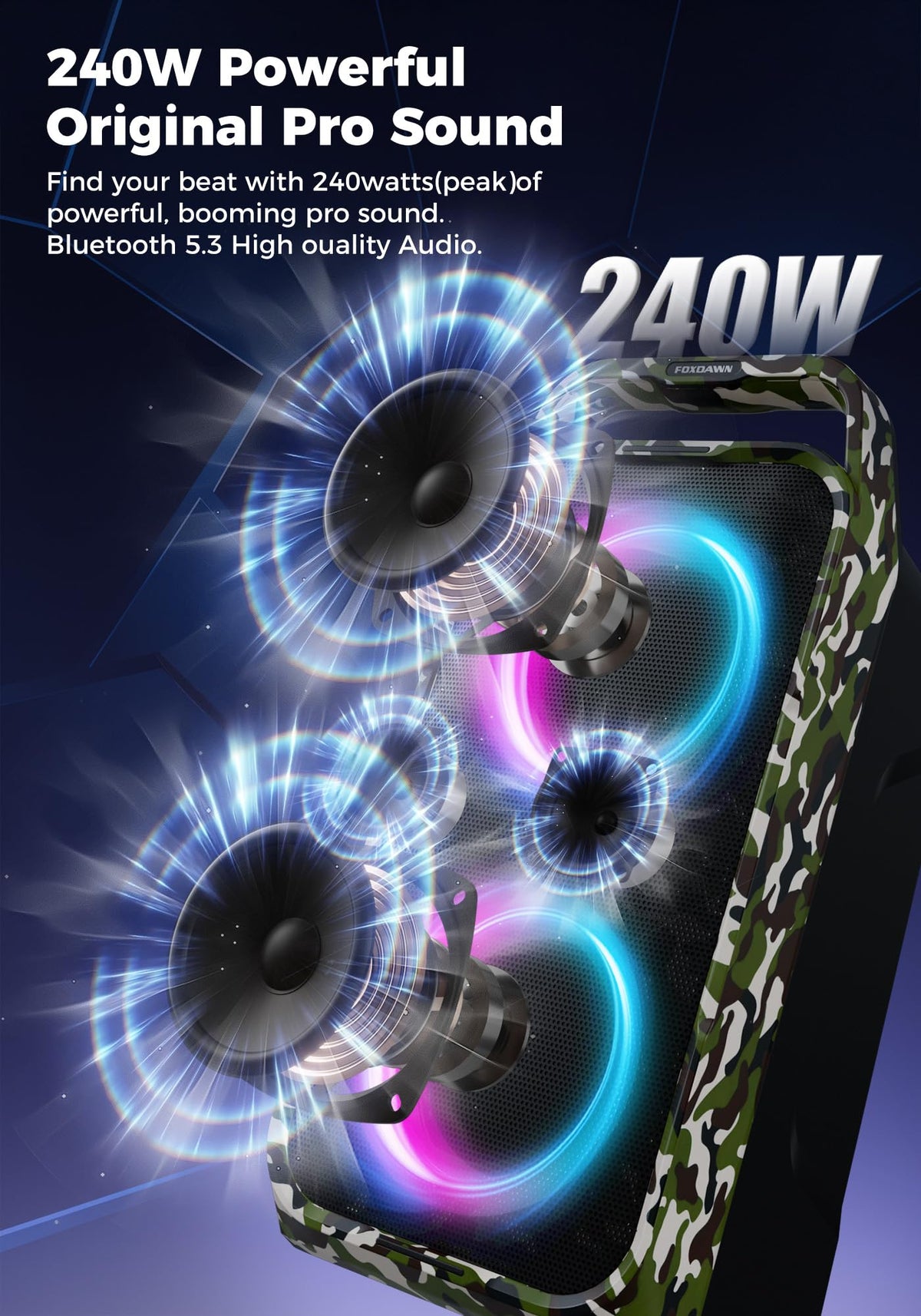Foxdawn speaker with LED light show for a vibrant party ambiance