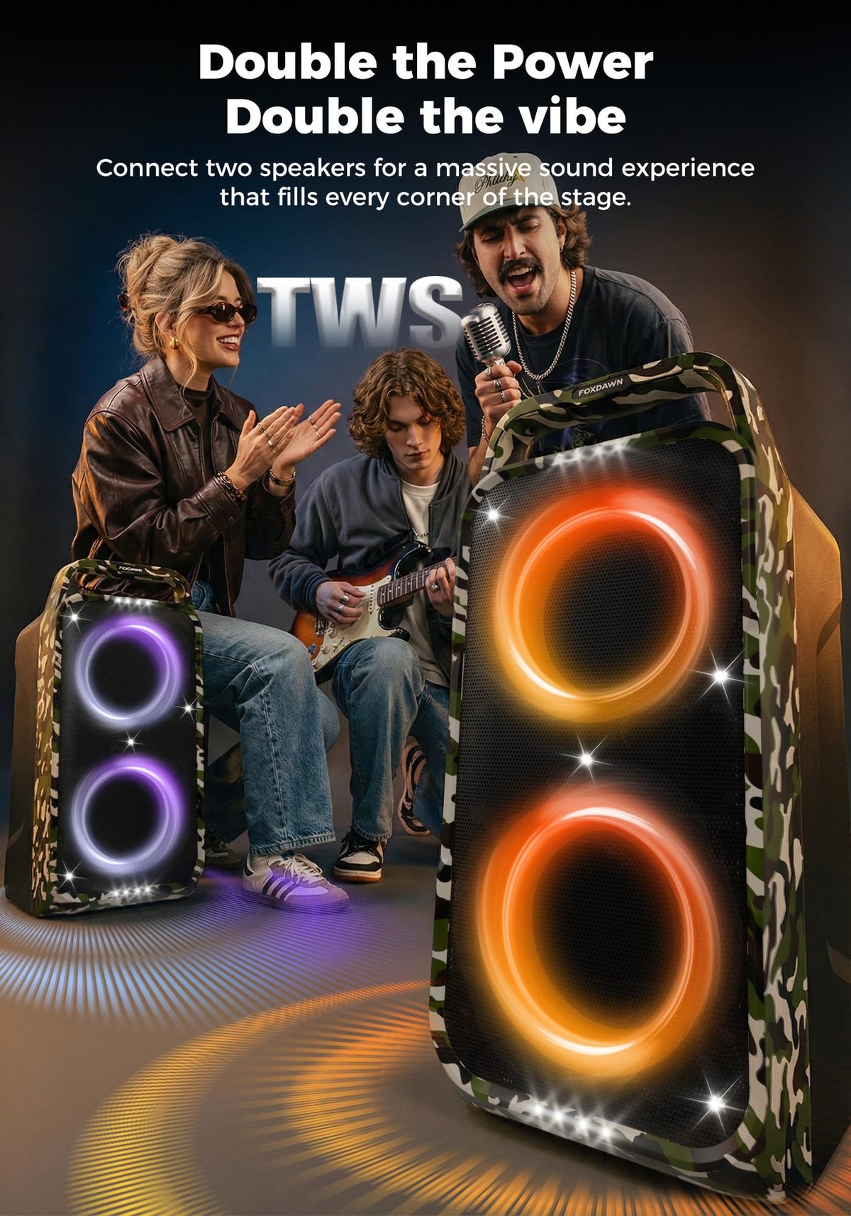 Foxdawn speaker set up at a campsite for outdoor audio