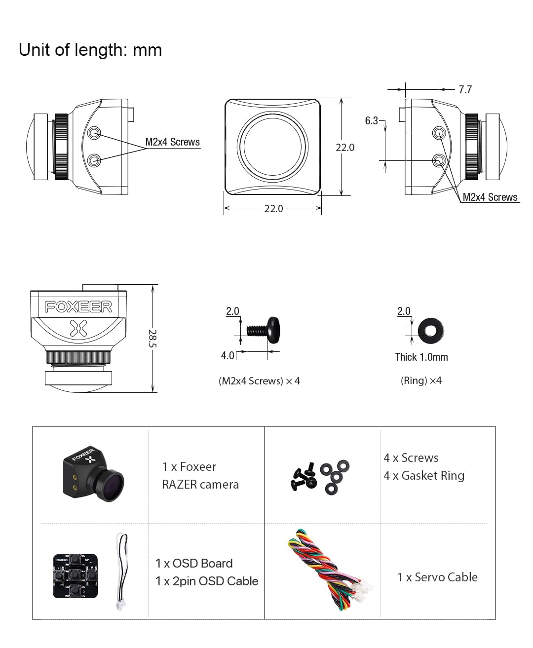 FOXEER Razer Mini connector detail showing servo and 2-pin OSD cable ease