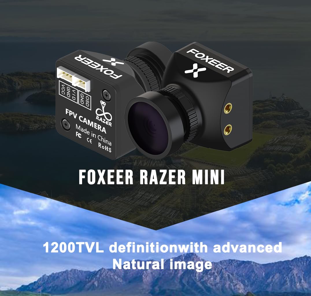 FOXEER Razer Mini lens close-up highlighting 2.1mm lens clarity and field-of-view advantage