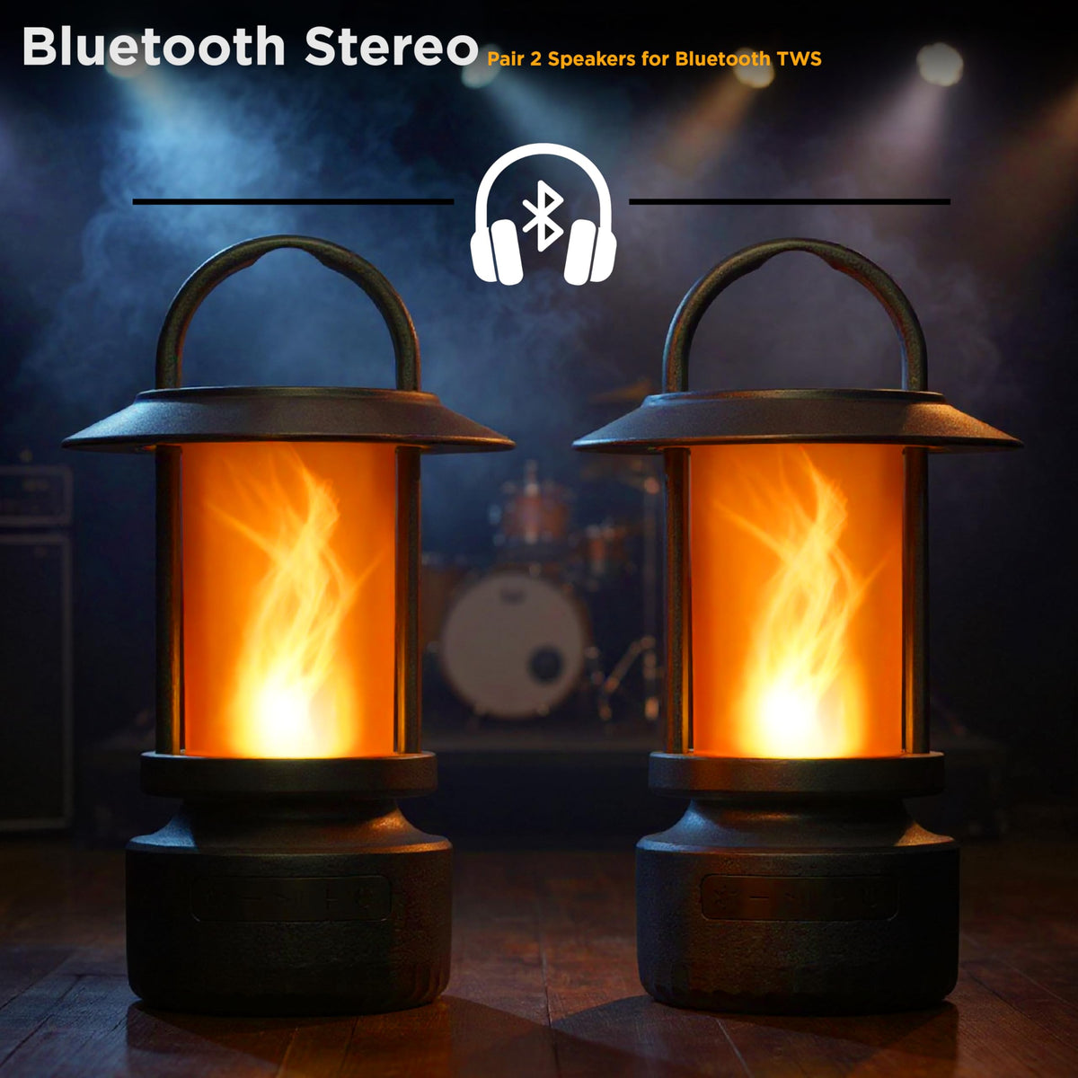Two FoxFlame speakers paired for stereo, improves sound coverage