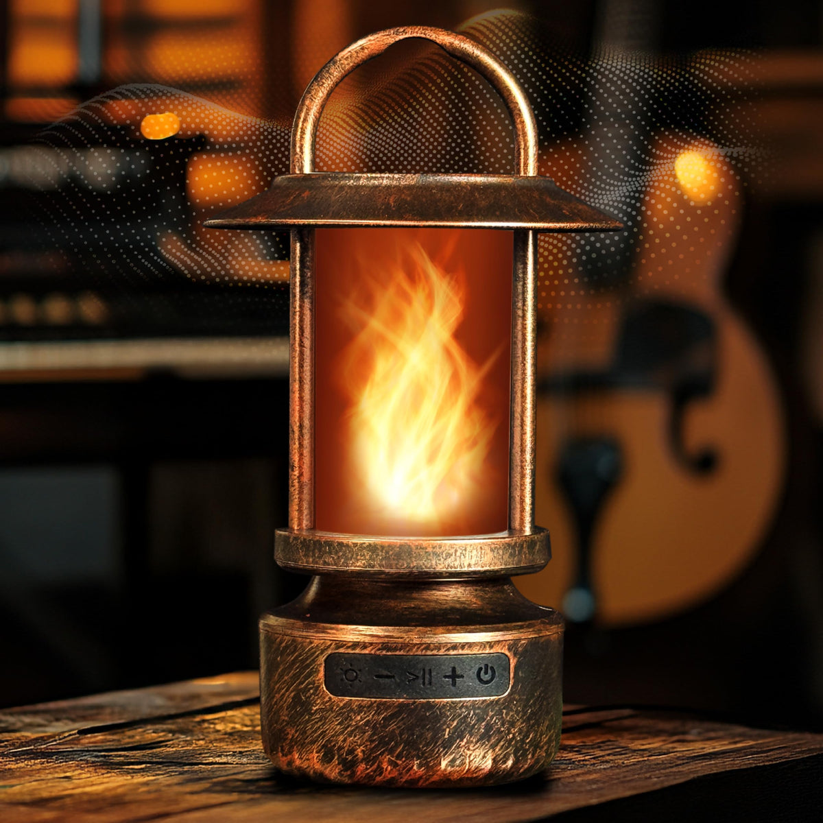 FoxFlame front view showing flame and speaker, enhances atmosphere