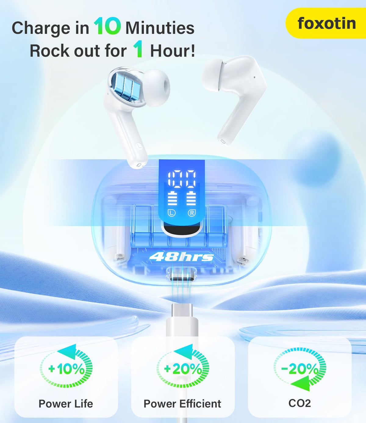 Foxotin Ear Buds with 48h playback case for extended listening.