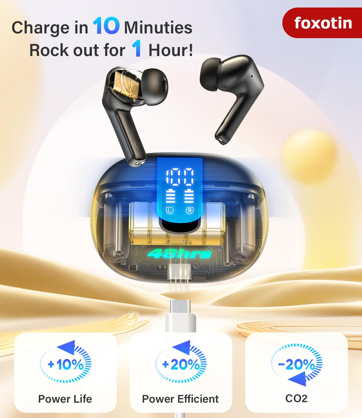Foxotin Earbuds charging case powering up to 48 hours for all-day listening.