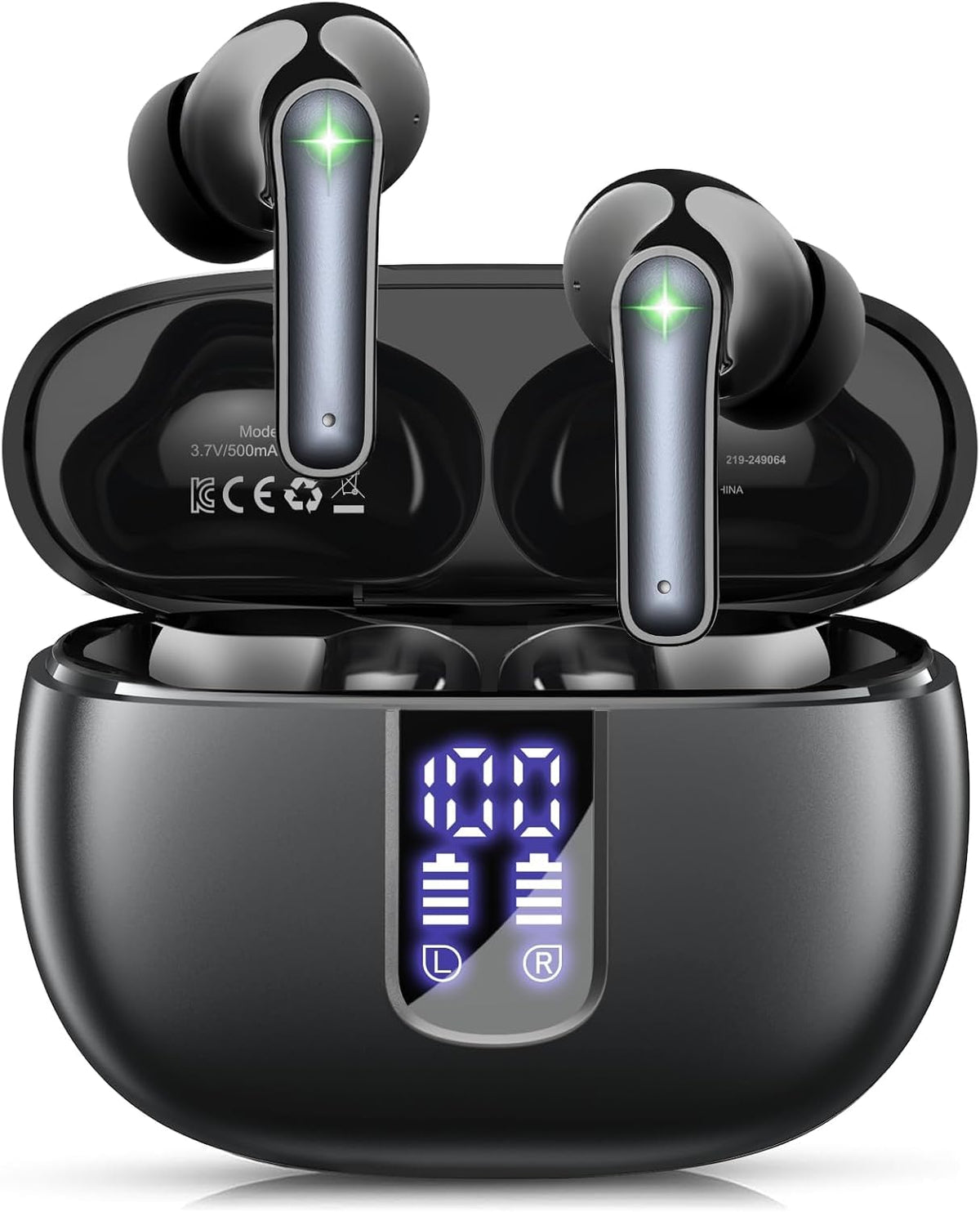 Foxotin Earbuds with dual LED display showing battery levels for case and buds.