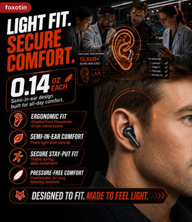 Foxotin Earbuds ergonomic fit designed for all-day comfort.