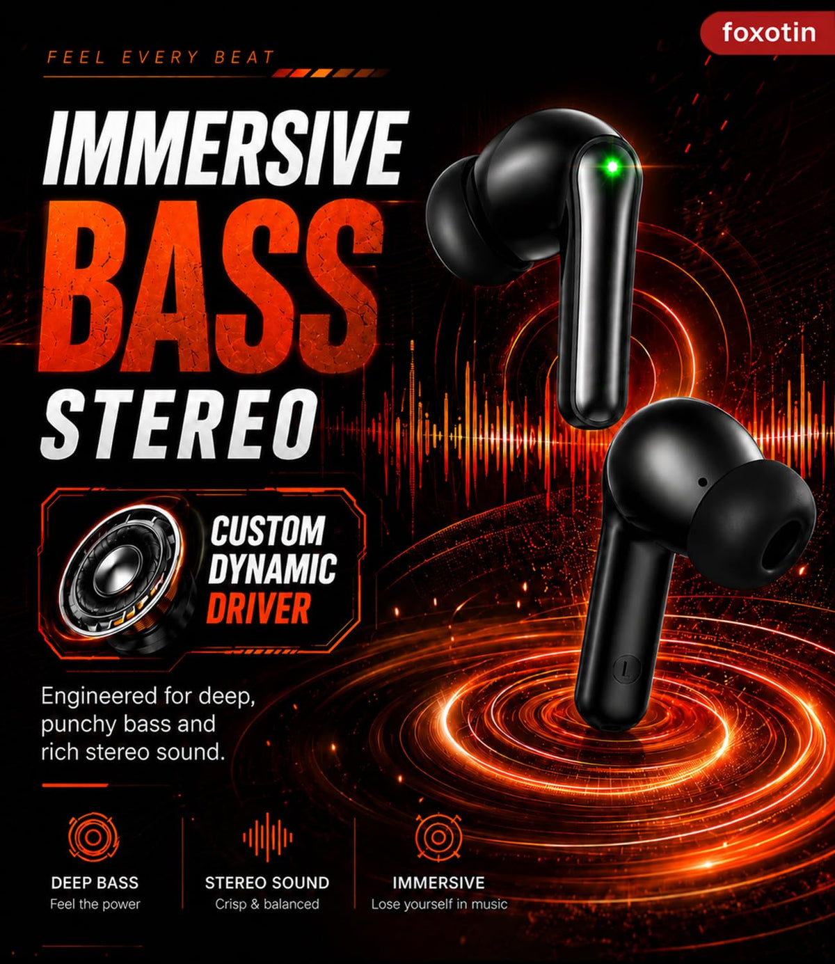 Foxotin Earbuds with noise cancelling mic for clear calls in noisy environments.