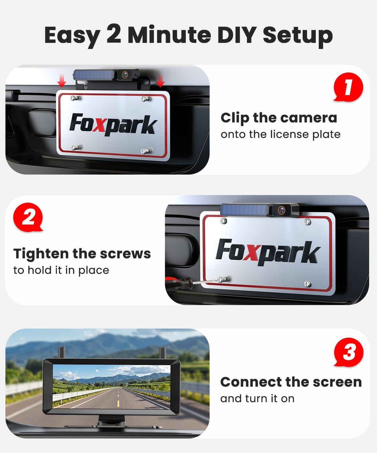 Foxpark Solar backup camera 1080p monitor display delivers vivid daytime and night images