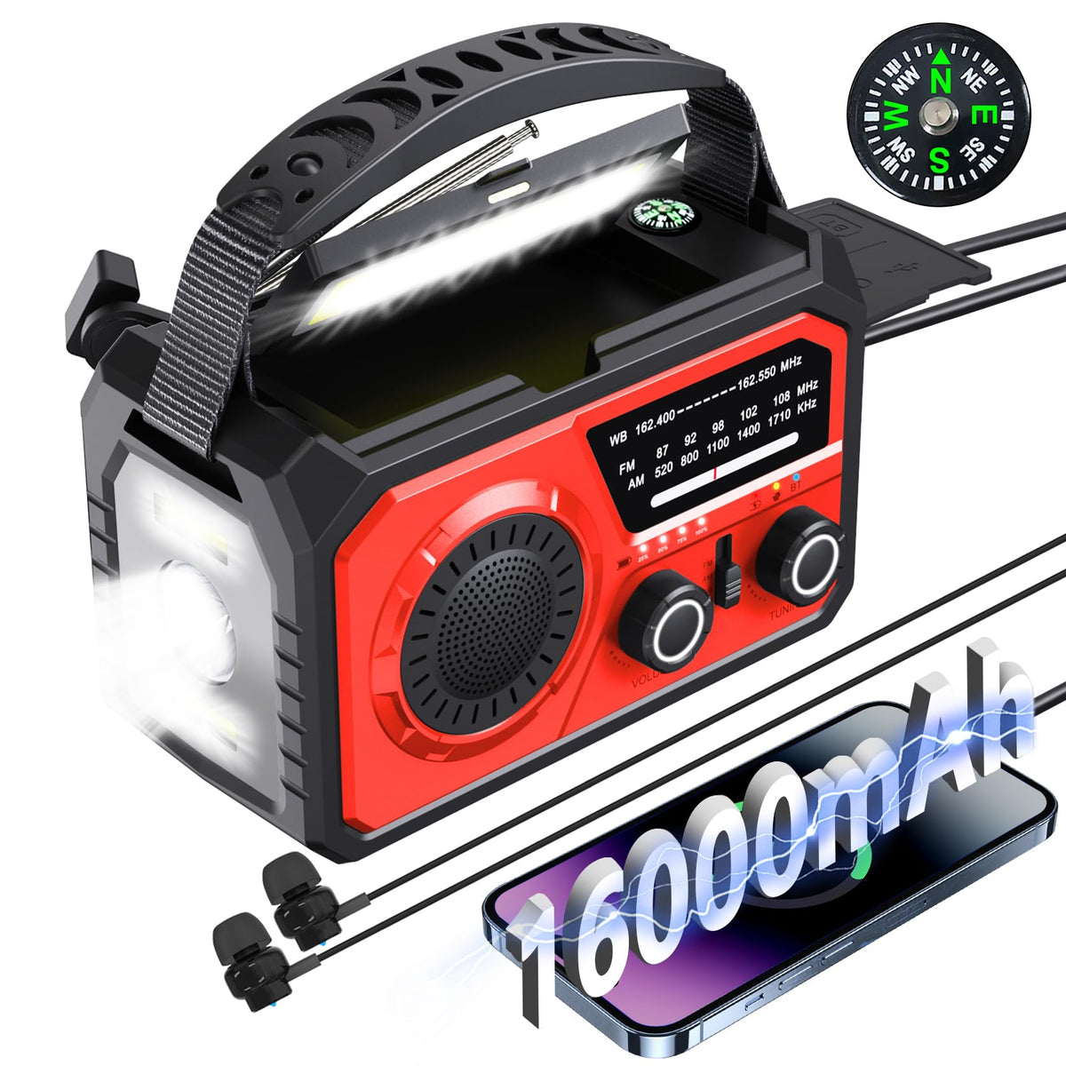 FQBLXY front view of red emergency radio showing controls and LCD for quick use