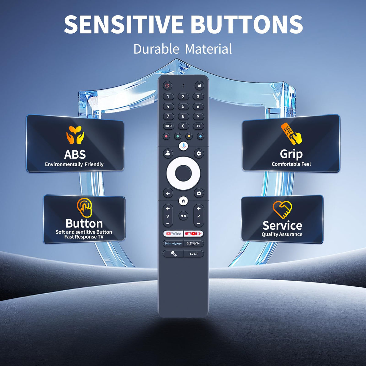 FQOUG remote uses durable ABS with a comfy grip and soft silicone buttons