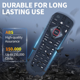 FQOUG remote with voice search icon demonstrates hands-free control option.