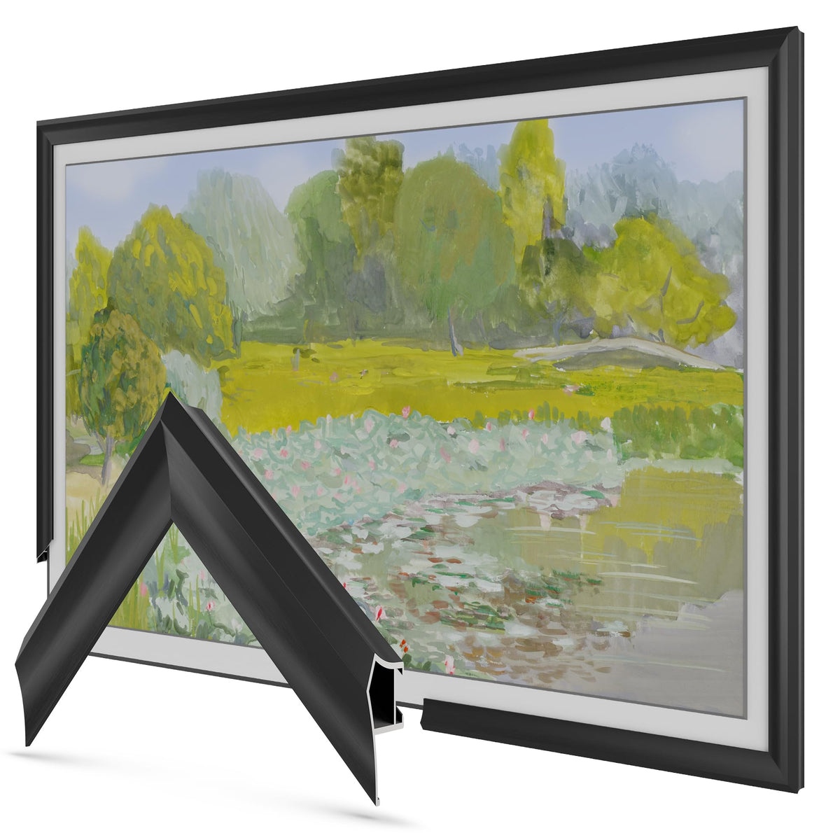 Frame My TV anodized black prismatic 55 frame front view enhances Samsung The Frame ambiance