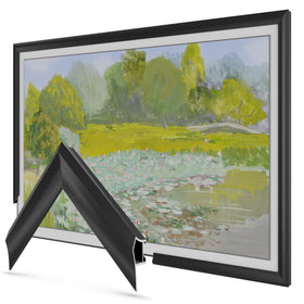 Frame My TV anodized black prismatic 65-inch frame closeup highlights bezel refinement.