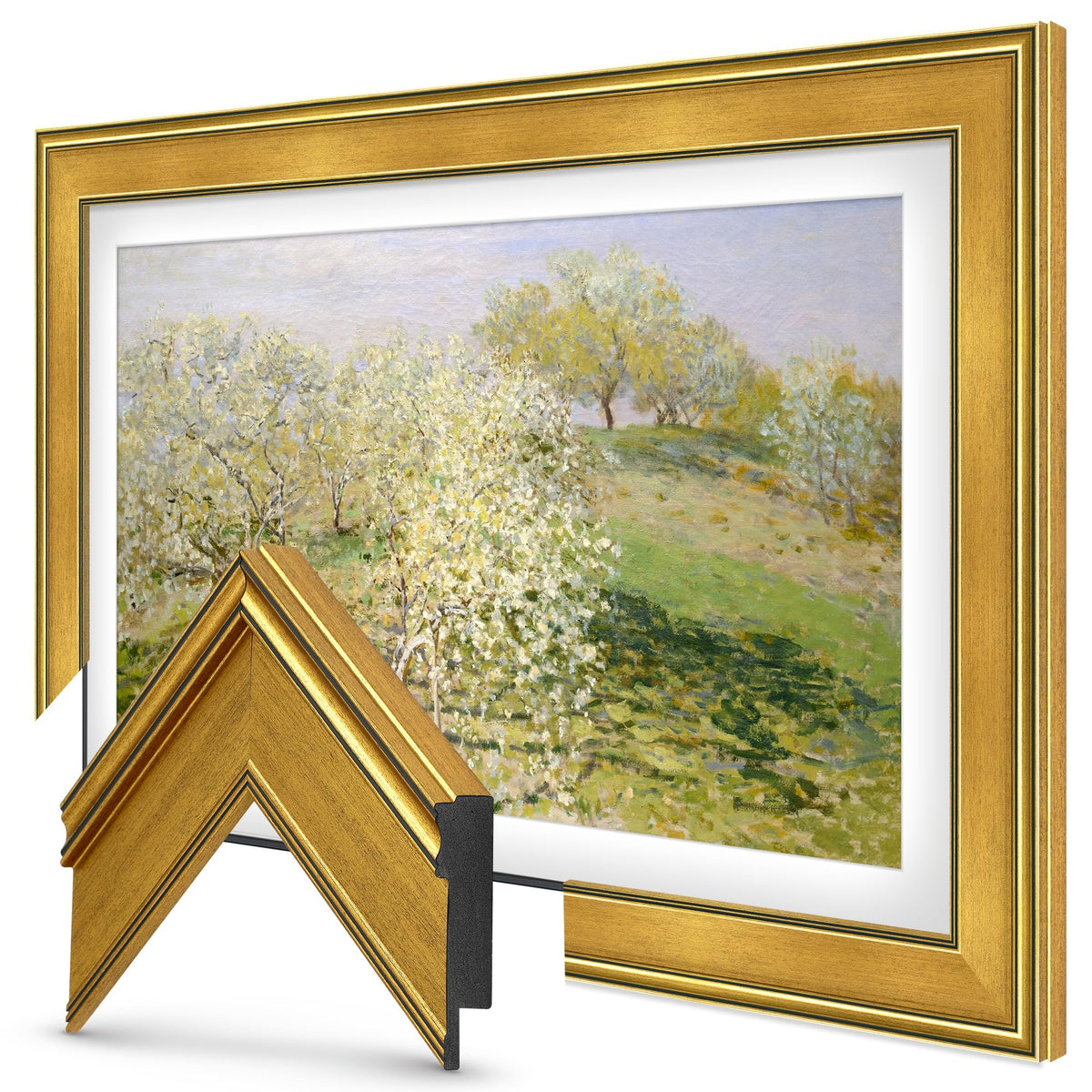 Frame My TV antique gold 65in frame enhances Samsung The Frame with premium aesthetics.