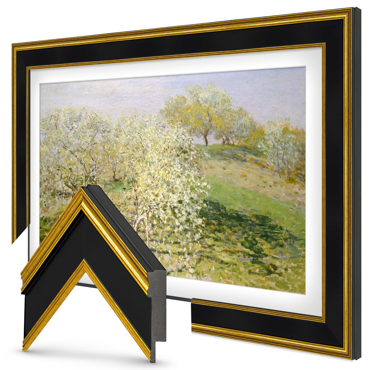 Frame My TV Antique Gold & Black 65-inch front view enhances living room ambience