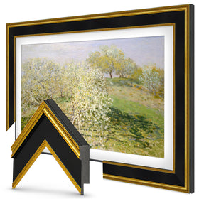 Frame My TV antique gold and black 75-inch frame front view enhances Samsung The Frame display
