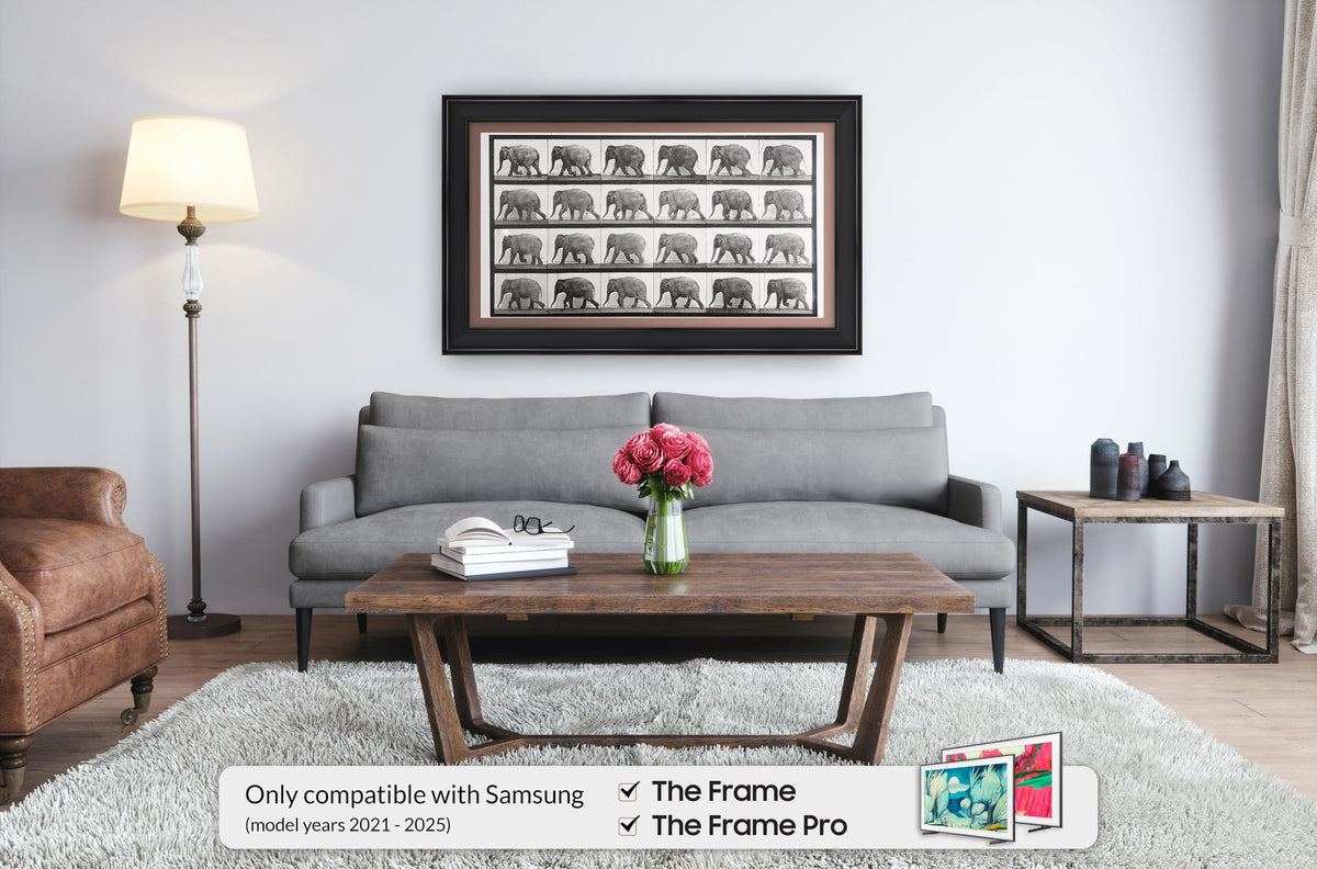 Frame My TV Black 43 Premiere Deco frame installation close-up shows precise fit