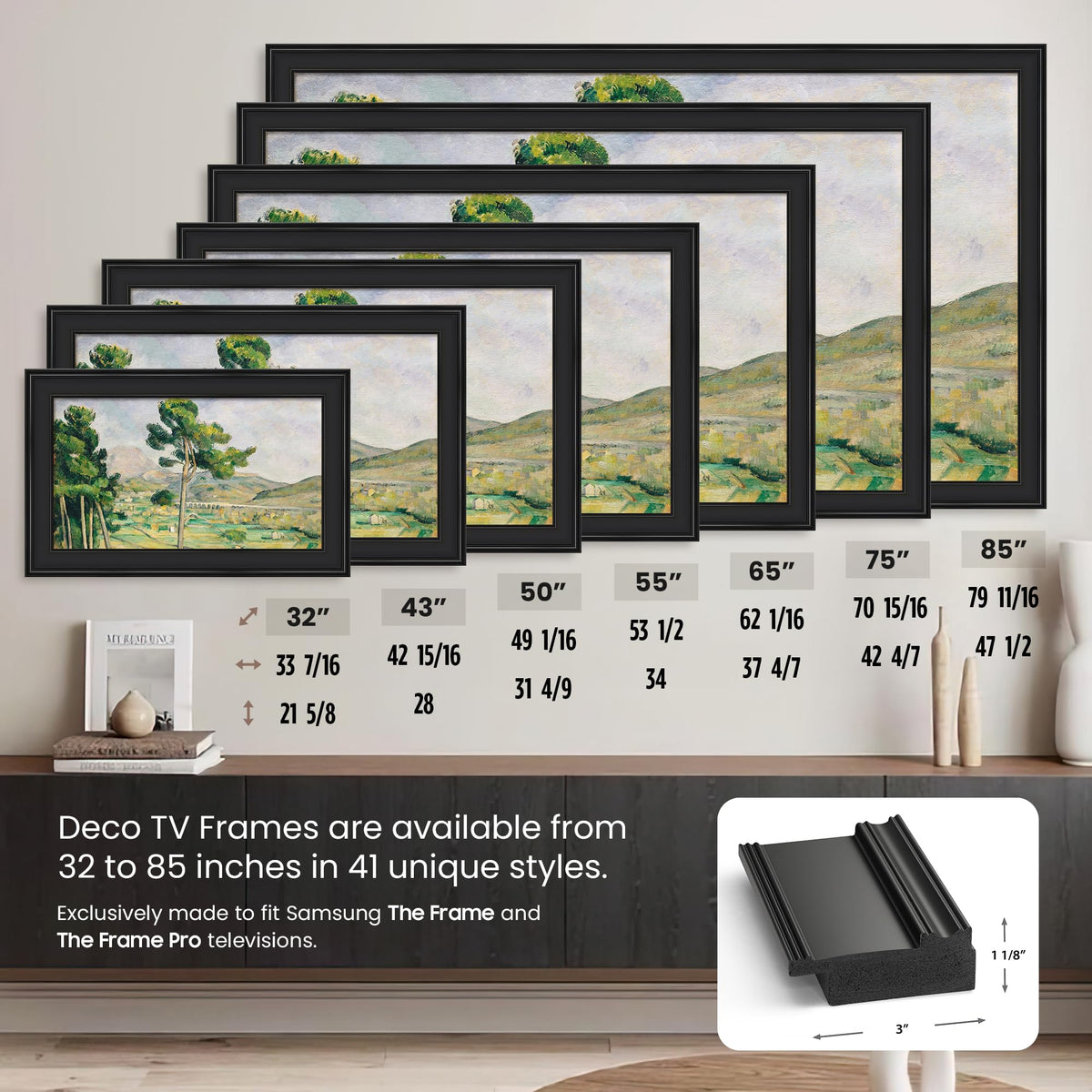 Elegant matte black Deco Frame enhancing a modern living room