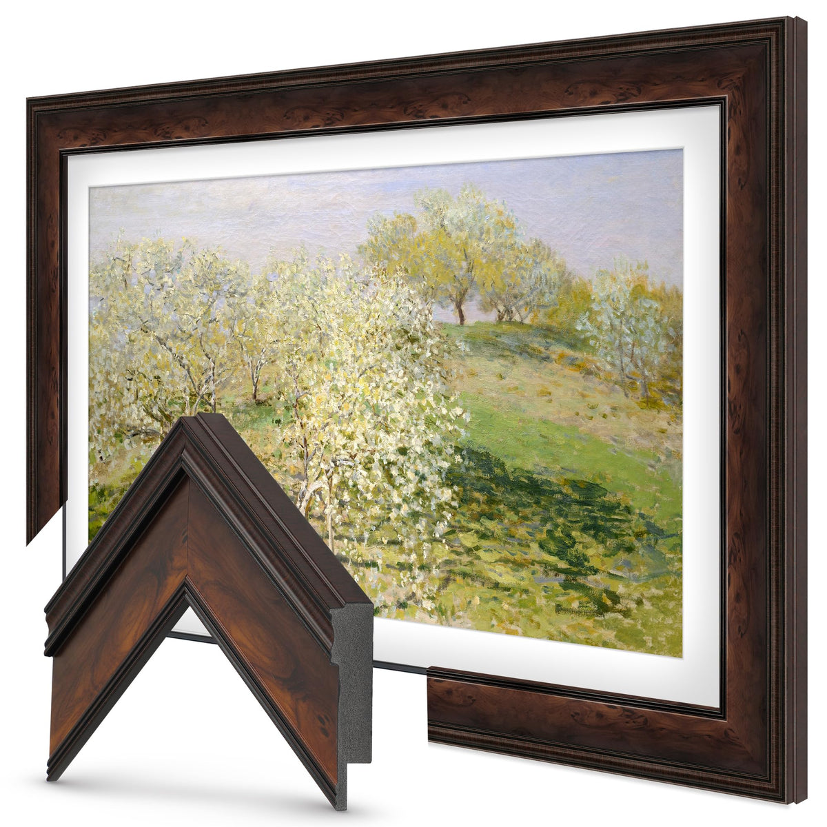 Frame My TV Burlwood 50in front view highlights warm amber grain for elegant decor.