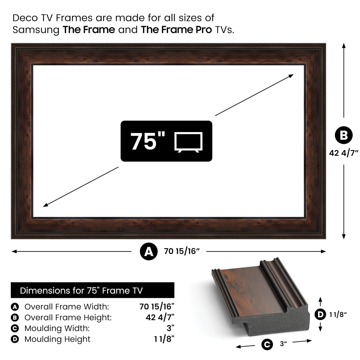 Frame My TV Burlwood 75 architectural-profile close-up showing stepped design